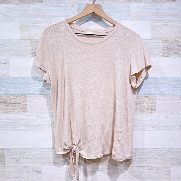 J Jill Love Linen Tie Hem Tee Beige Short Sleeve Stretchy Slub Knit Womens Large - Picture 1 of 6